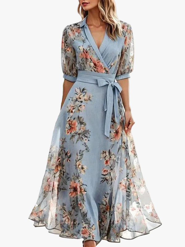 Women's Floral Print Woven Midi Dress with Wrap V Neck and Waist Tie