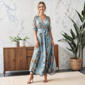 Women's Floral Print Woven Midi Dress with Wrap V Neck and Waist Tie