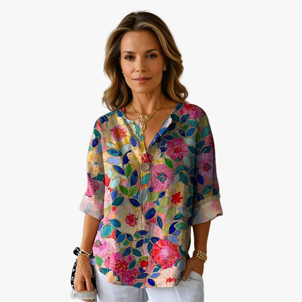 Women's Floral Woven Blouse with Split Neck and Button Placket