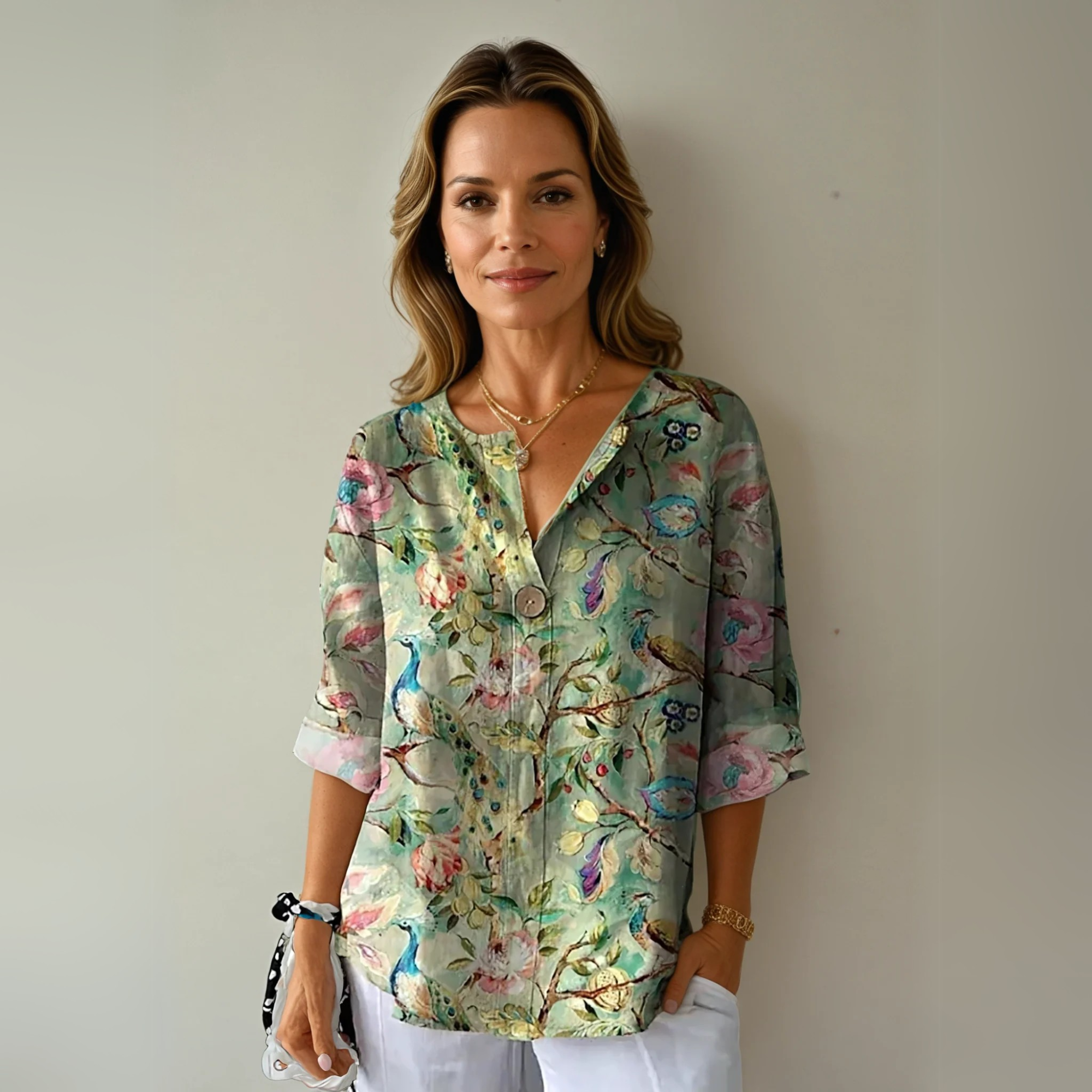 Women's Floral Woven Blouse with Split Neck and Button Placket