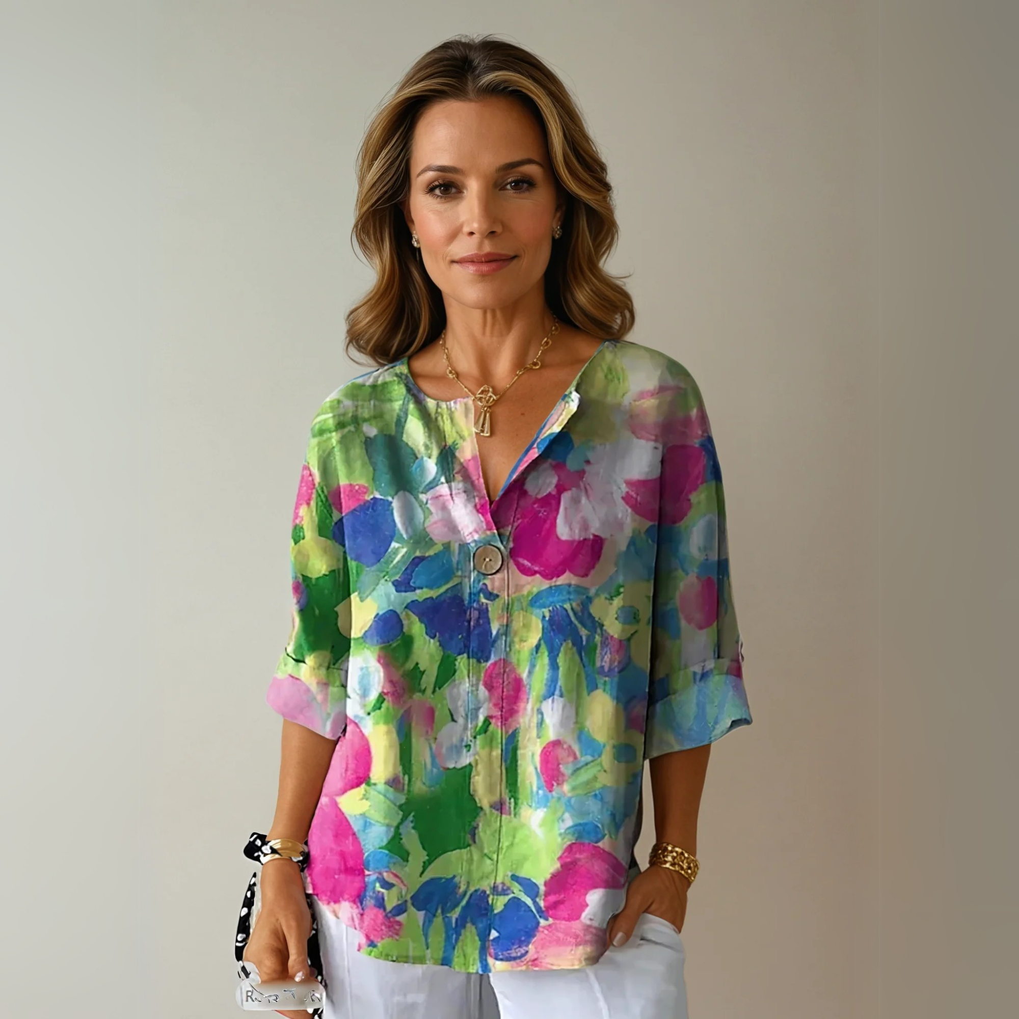 Women's Floral Woven Blouse with Split Neck and Button Placket