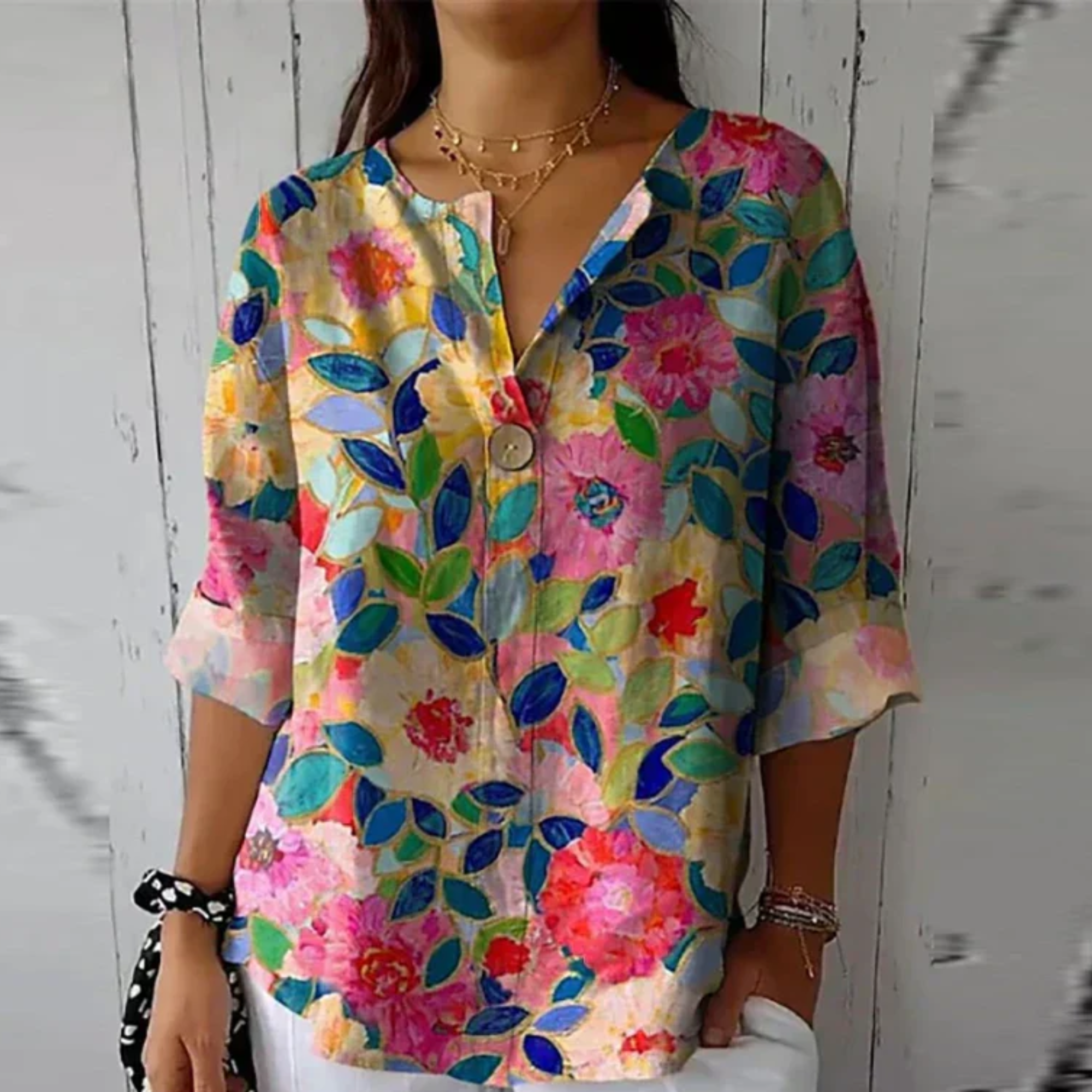 Women's Floral Woven Blouse with Split Neck and Button Placket