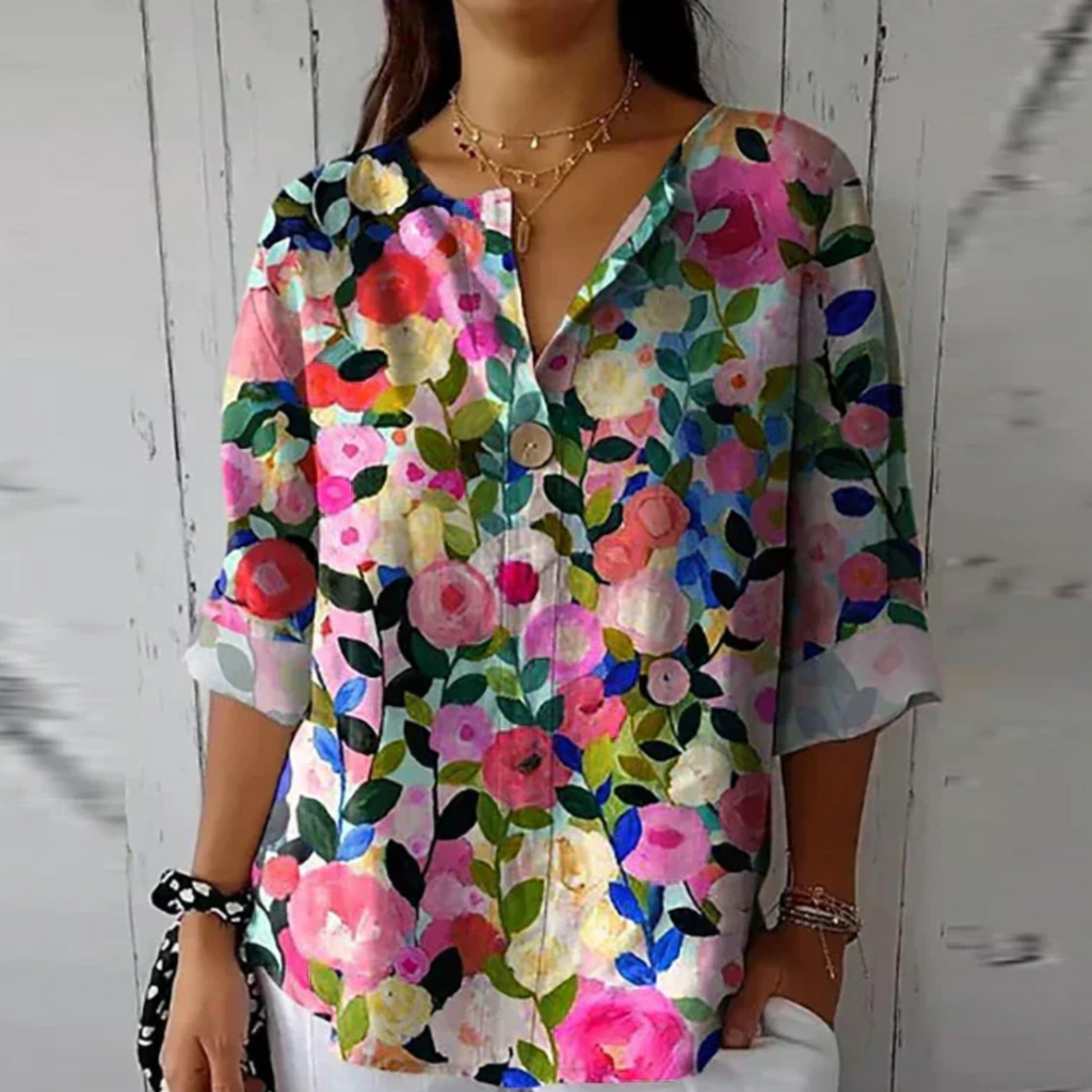 Women's Floral Woven Blouse with Split Neck and Button Placket