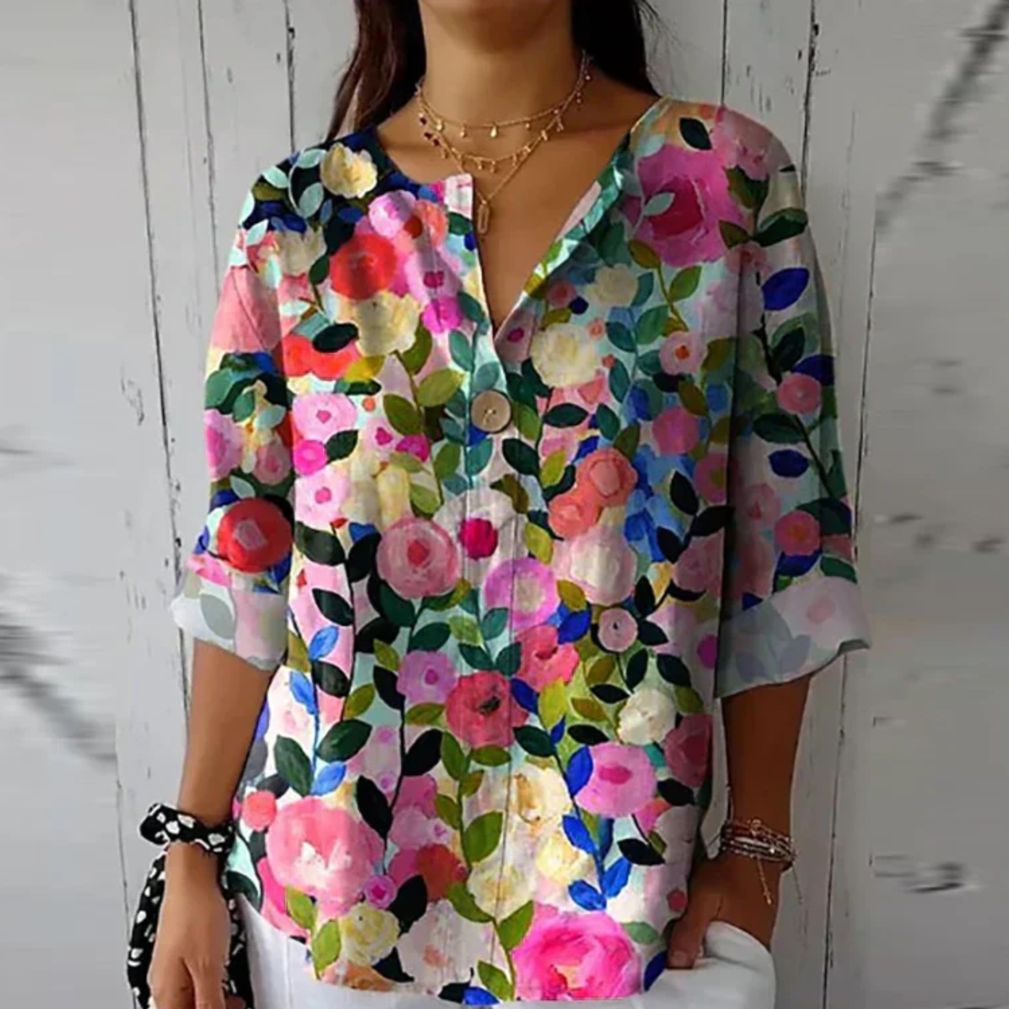 Women's Floral Woven Blouse with Split Neck and Button Placket