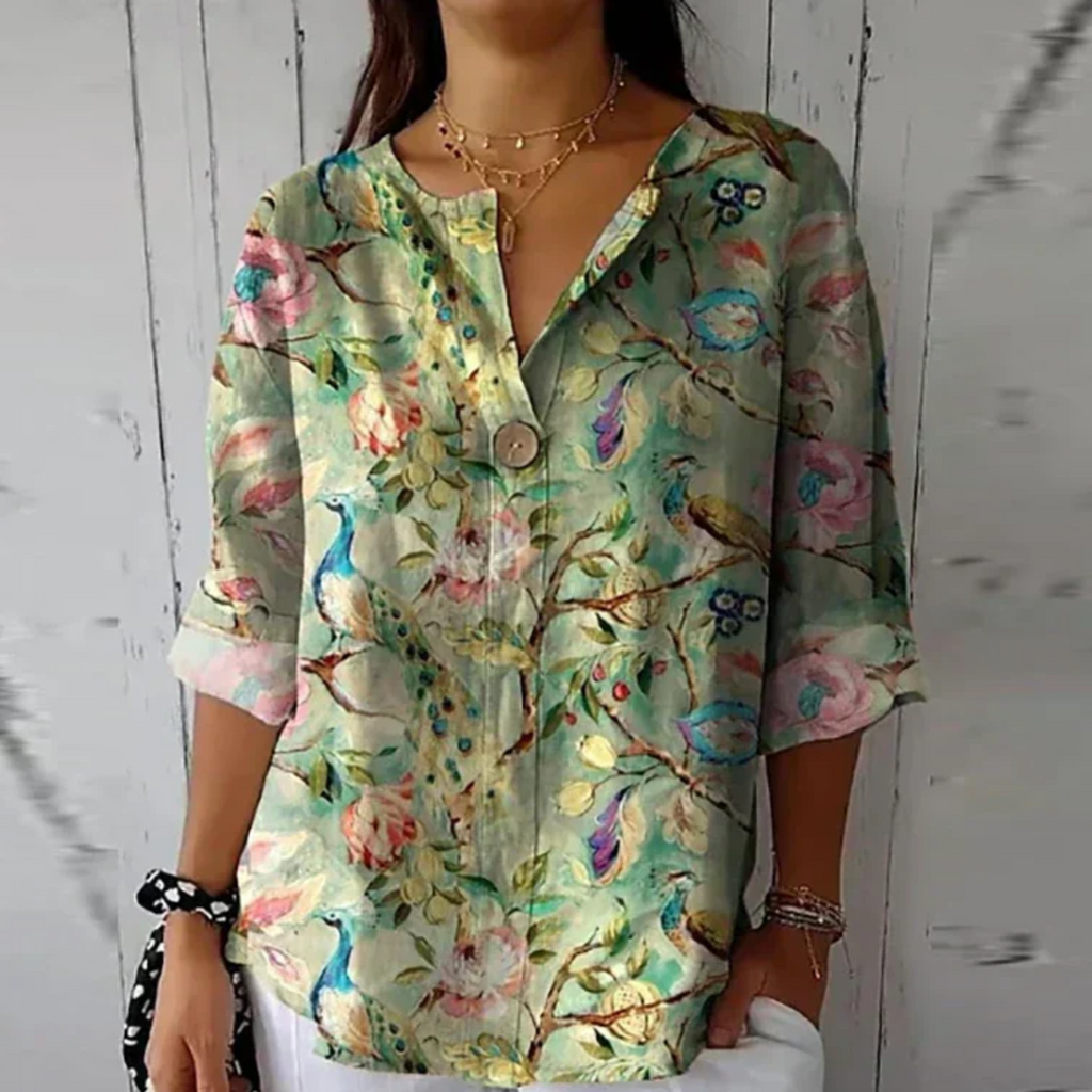 Women's Floral Woven Blouse with Split Neck and Button Placket