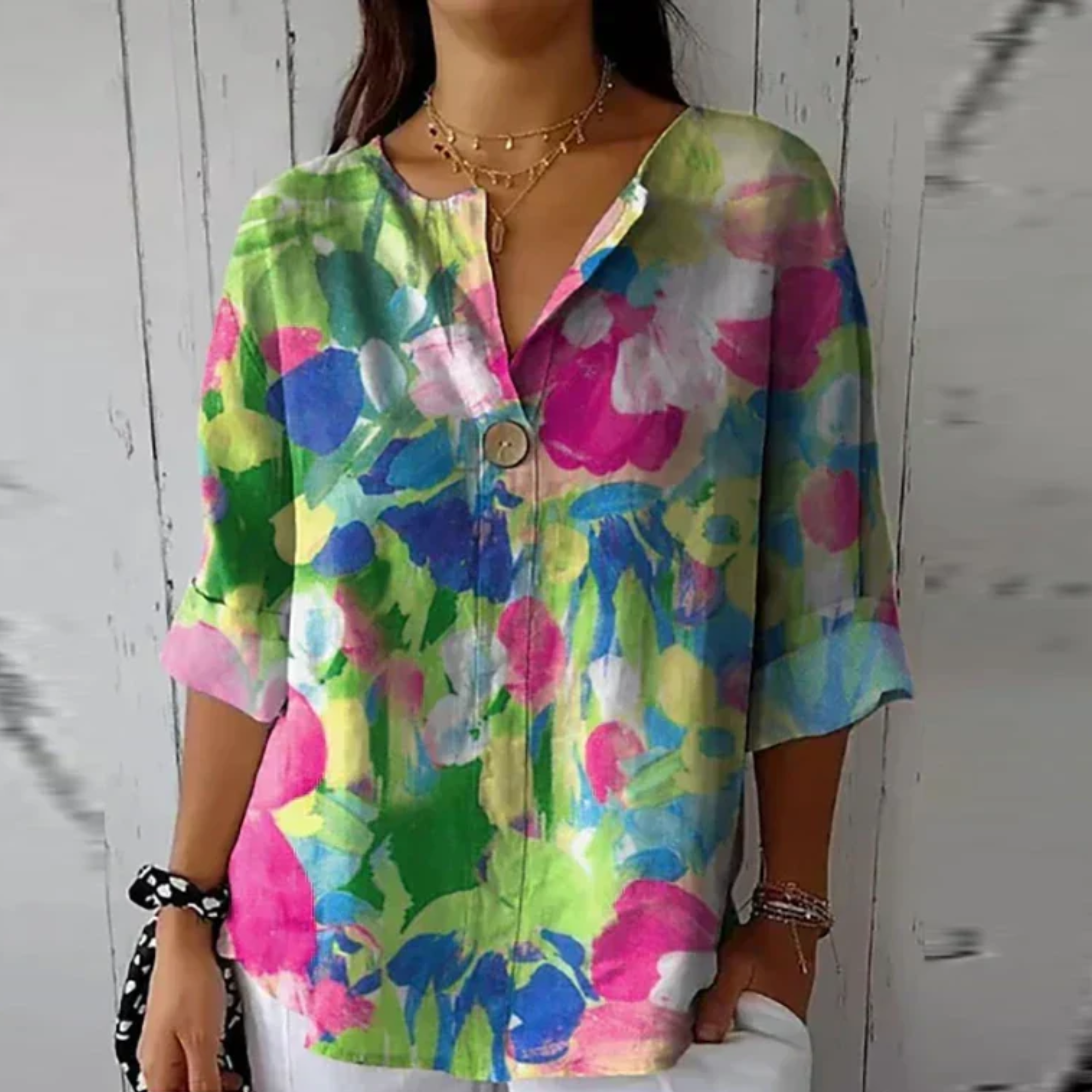 Women's Floral Woven Blouse with Split Neck and Button Placket