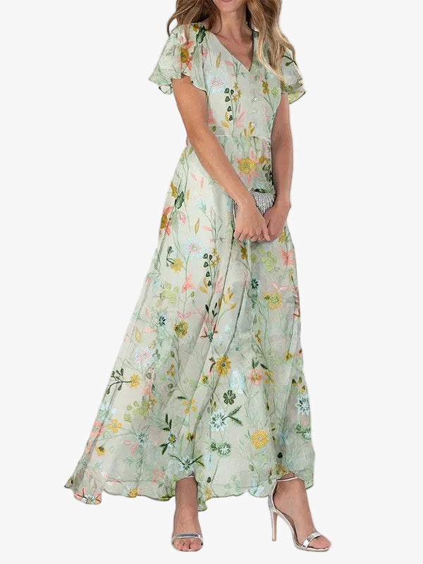Women's Floral Woven Maxi Dress with V Neck and Flutter Sleeves