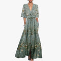 Women's Floral Woven Maxi Dress with V Neck and Pockets