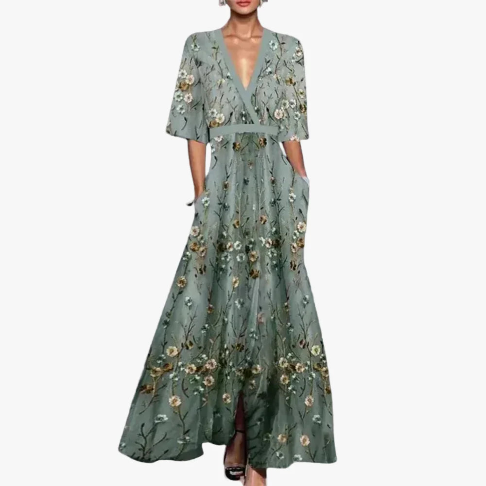 Women's Floral Woven Maxi Dress with V Neck and Pockets