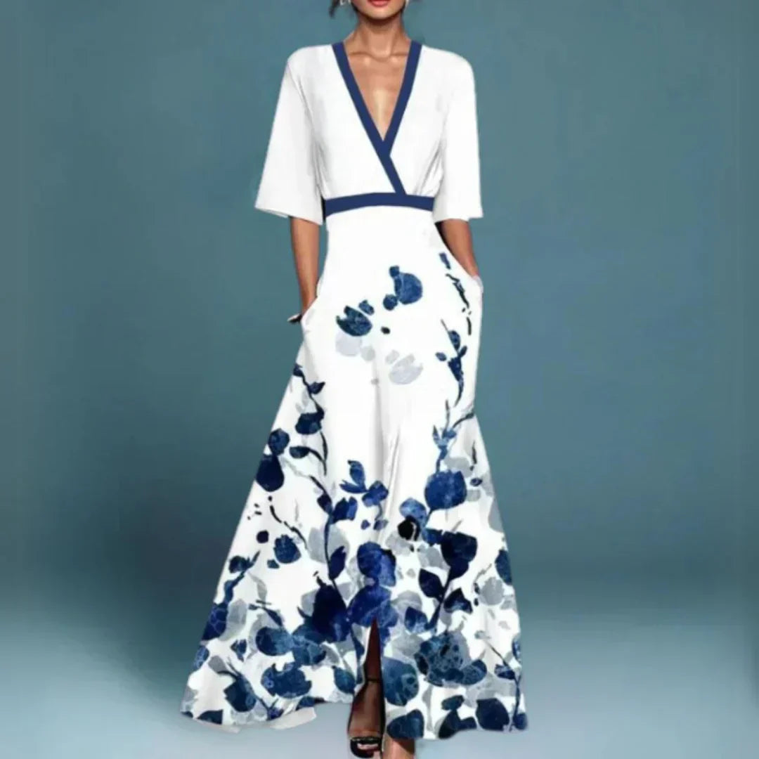 Women's Floral Woven Maxi Dress with V Neck and Pockets