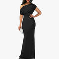 Women's Formal Knit Maxi Dress with One-Shoulder Drape and Ruched Waist