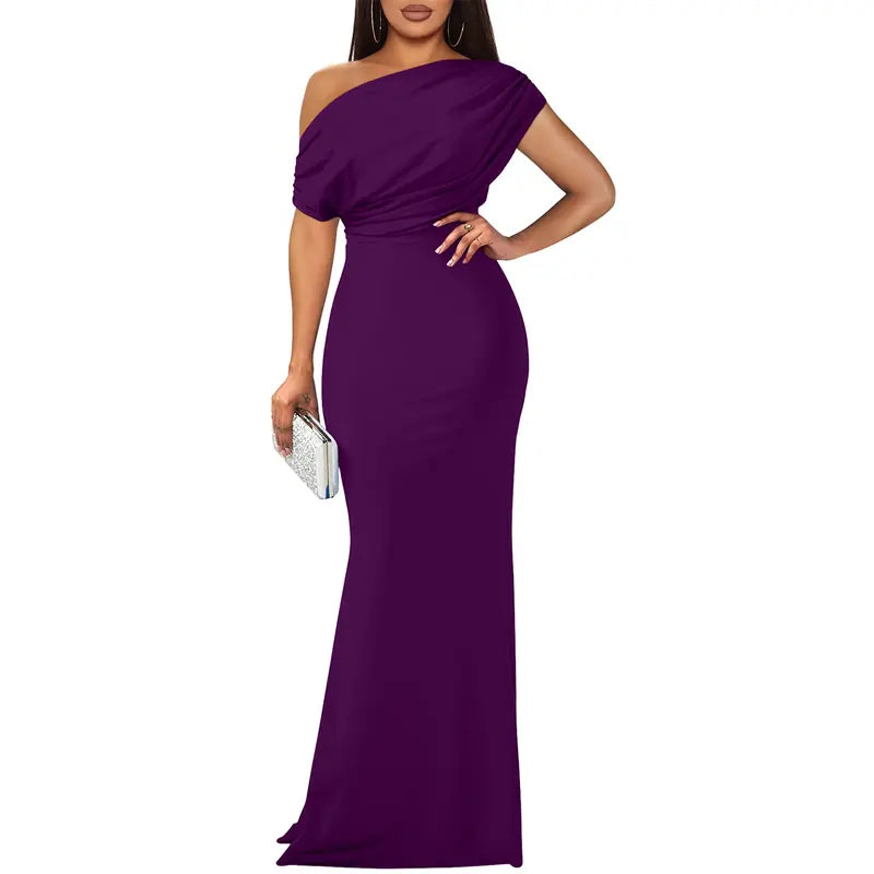 Women's Formal Knit Maxi Dress with One-Shoulder Drape and Ruched Waist
