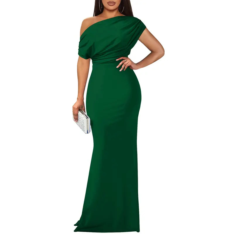 Women's Formal Knit Maxi Dress with One-Shoulder Drape and Ruched Waist