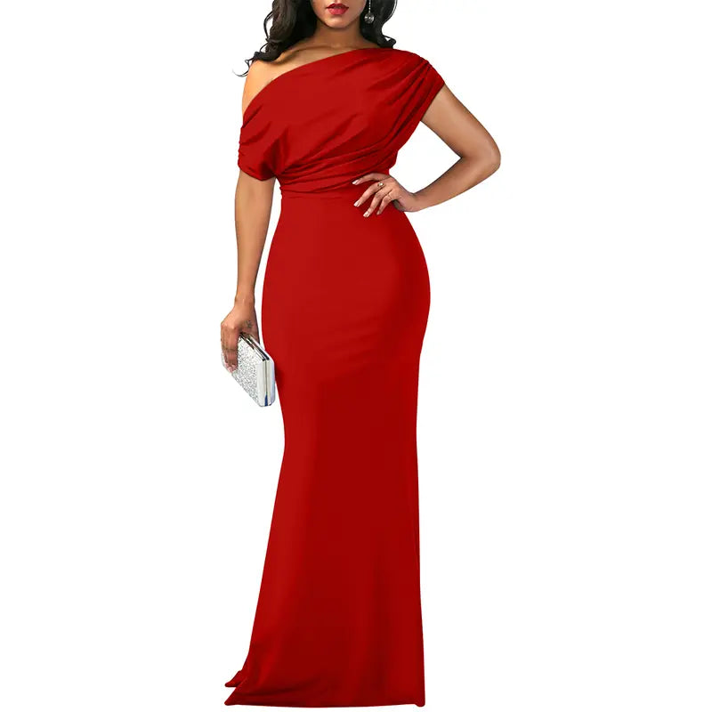 Women's Formal Knit Maxi Dress with One-Shoulder Drape and Ruched Waist