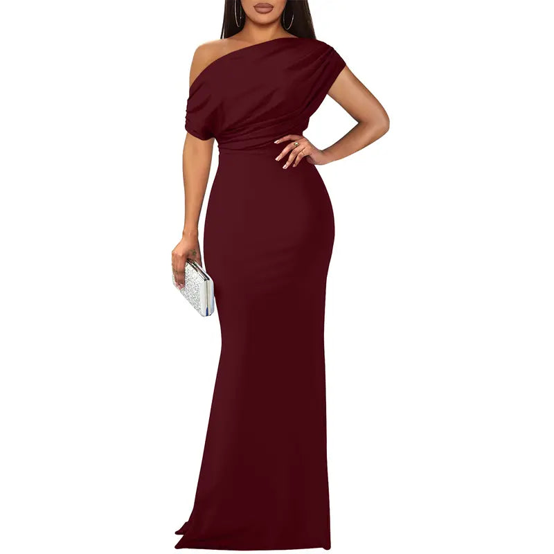 Women's Formal Knit Maxi Dress with One-Shoulder Drape and Ruched Waist