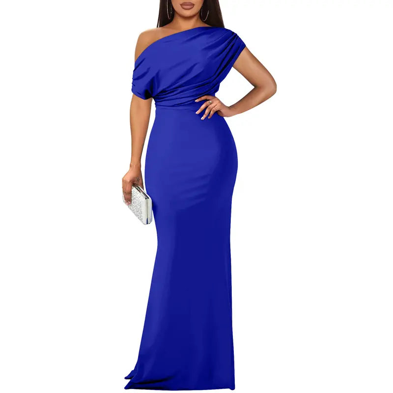 Women's Formal Knit Maxi Dress with One-Shoulder Drape and Ruched Waist