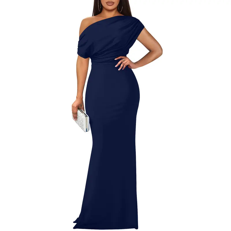 Women's Formal Knit Maxi Dress with One-Shoulder Drape and Ruched Waist