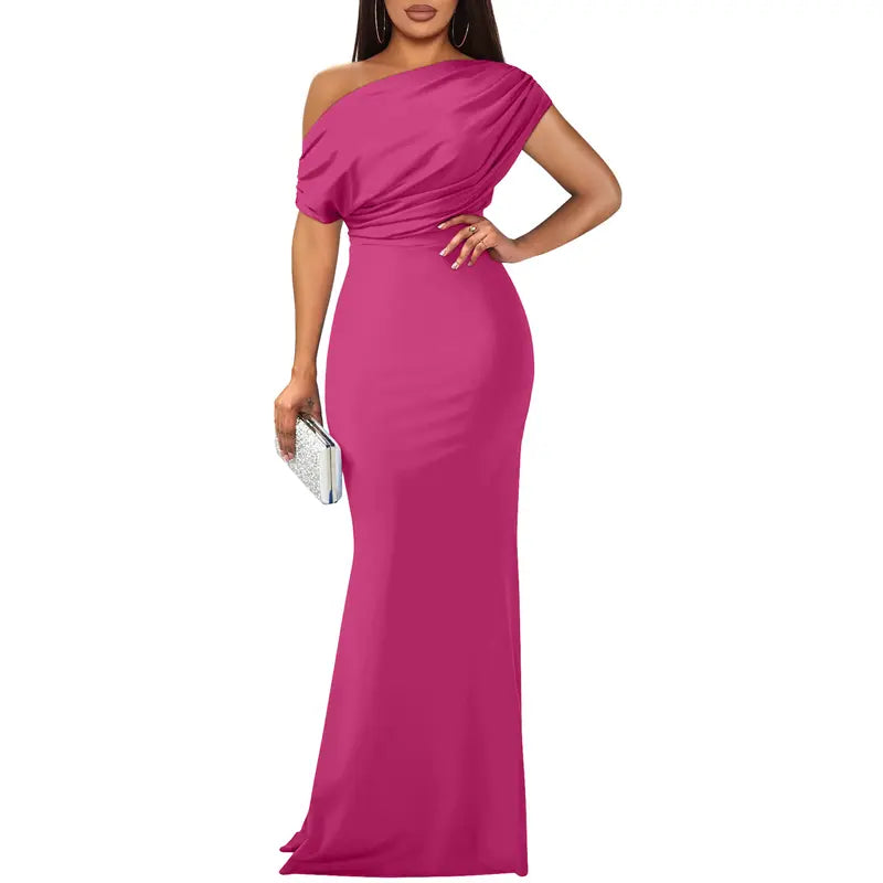 Women's Formal Knit Maxi Dress with One-Shoulder Drape and Ruched Waist