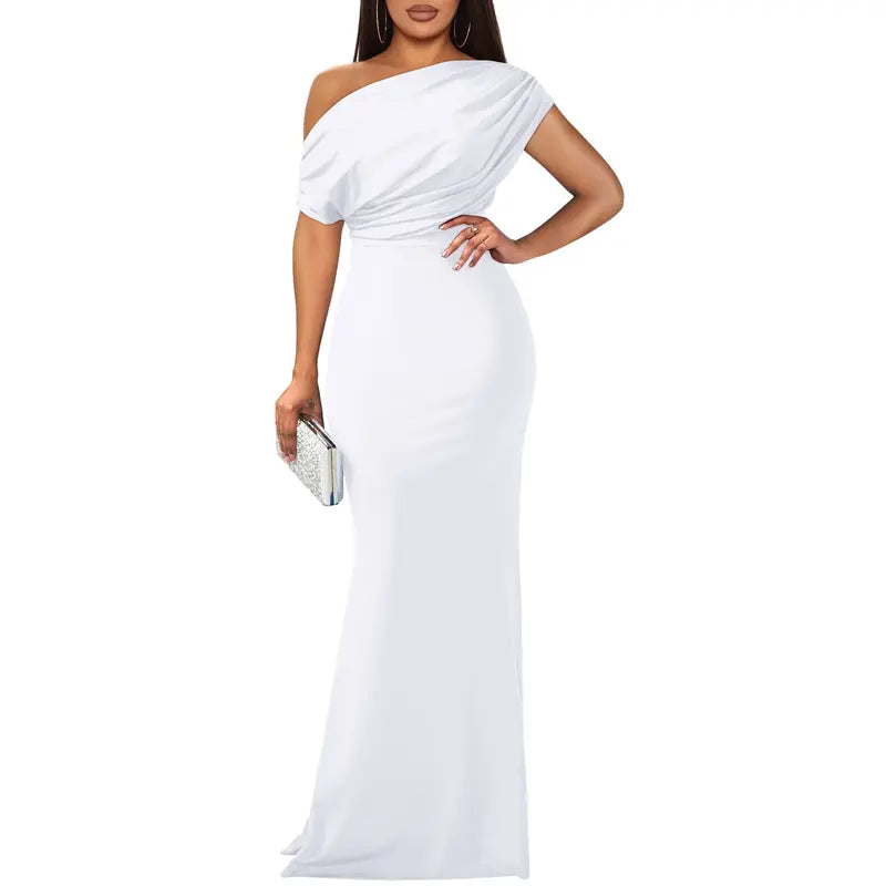 Women's Formal Knit Maxi Dress with One-Shoulder Drape and Ruched Waist