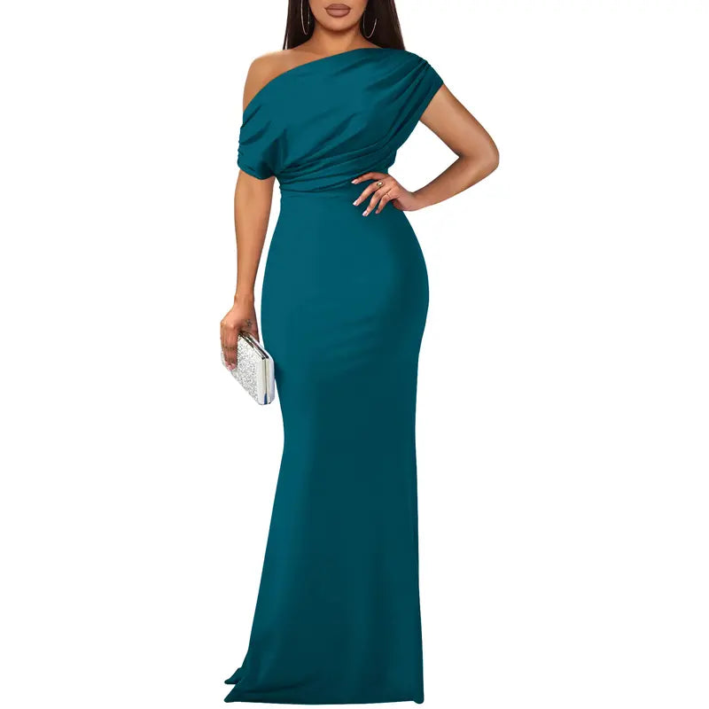 Women's Formal Knit Maxi Dress with One-Shoulder Drape and Ruched Waist