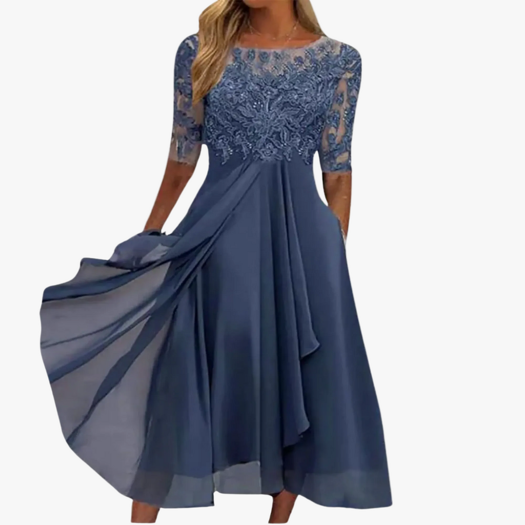 Women's Formal Lace and Mesh Midi Dress with Back Zipper