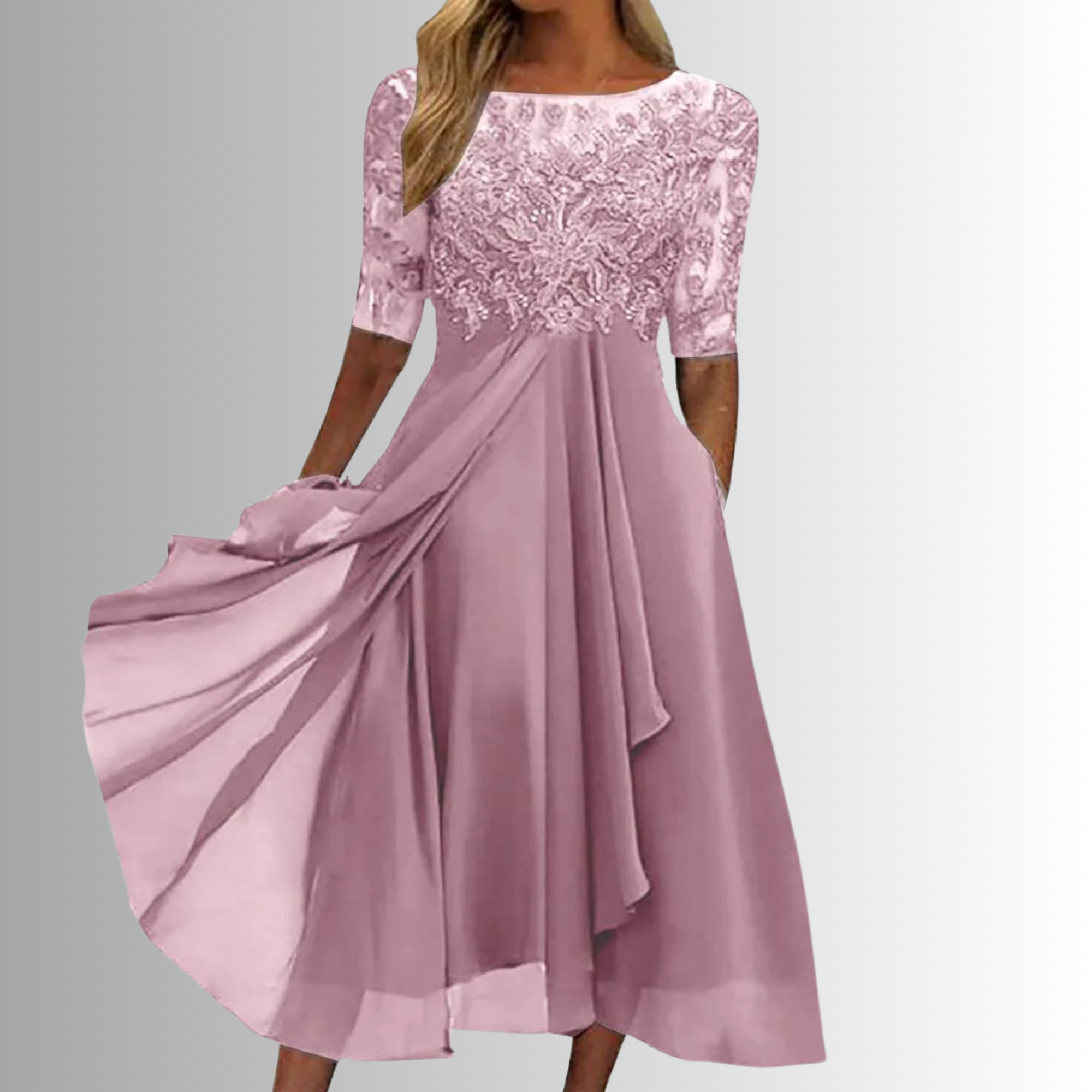 Women's Formal Lace and Mesh Midi Dress with Back Zipper