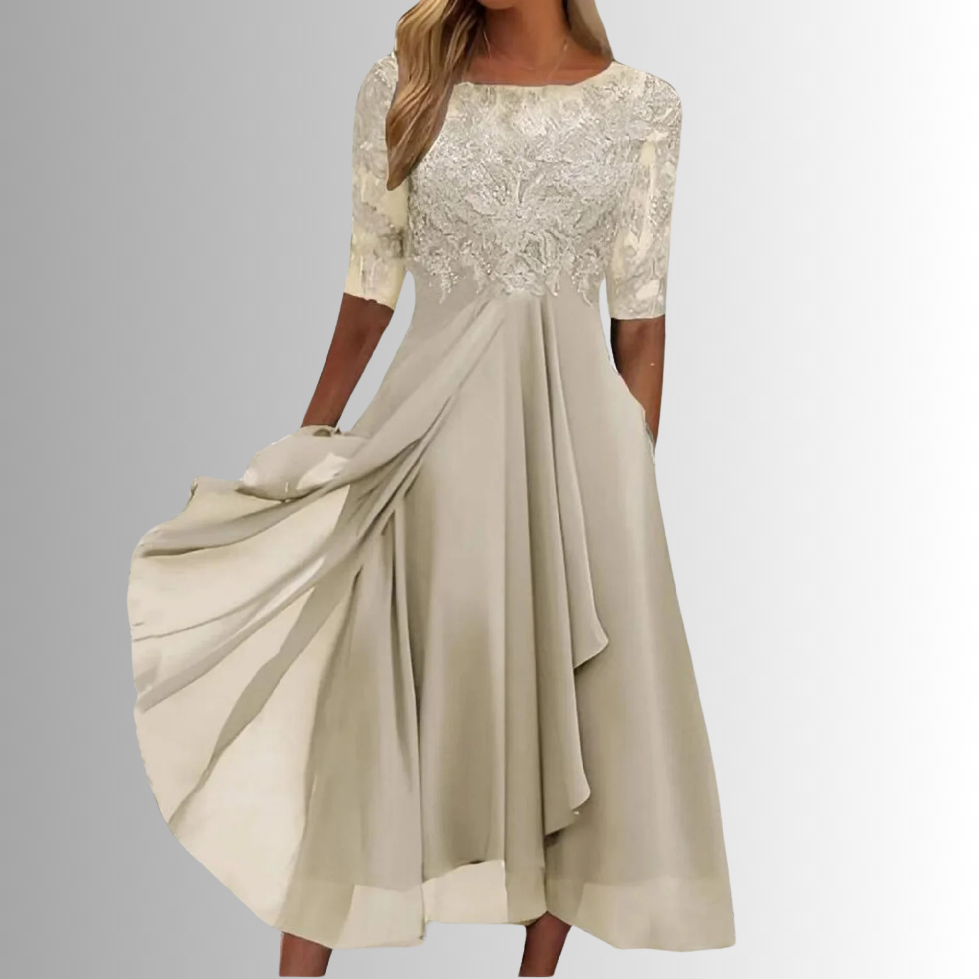 Women's Formal Lace and Mesh Midi Dress with Back Zipper