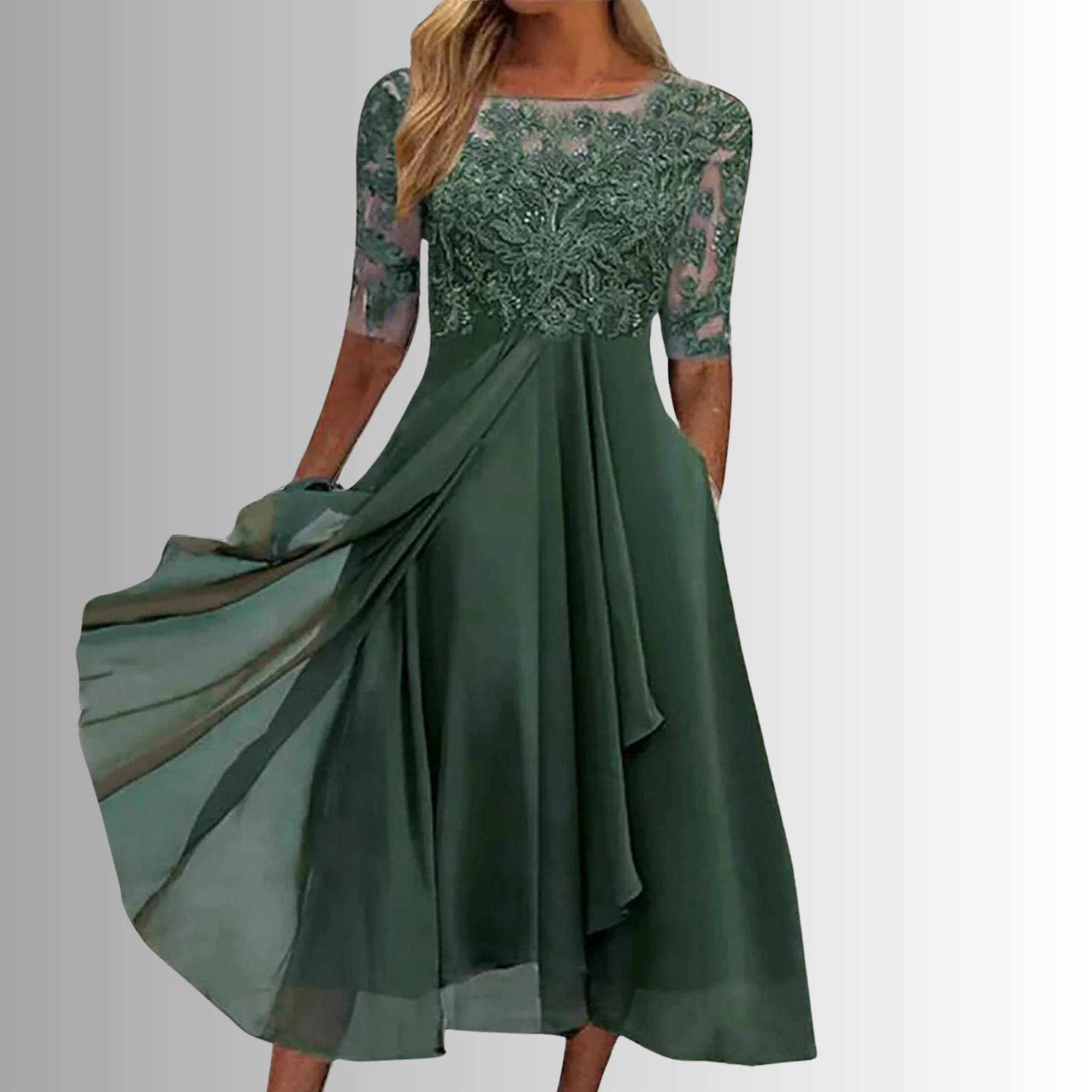 Women's Formal Lace and Mesh Midi Dress with Back Zipper