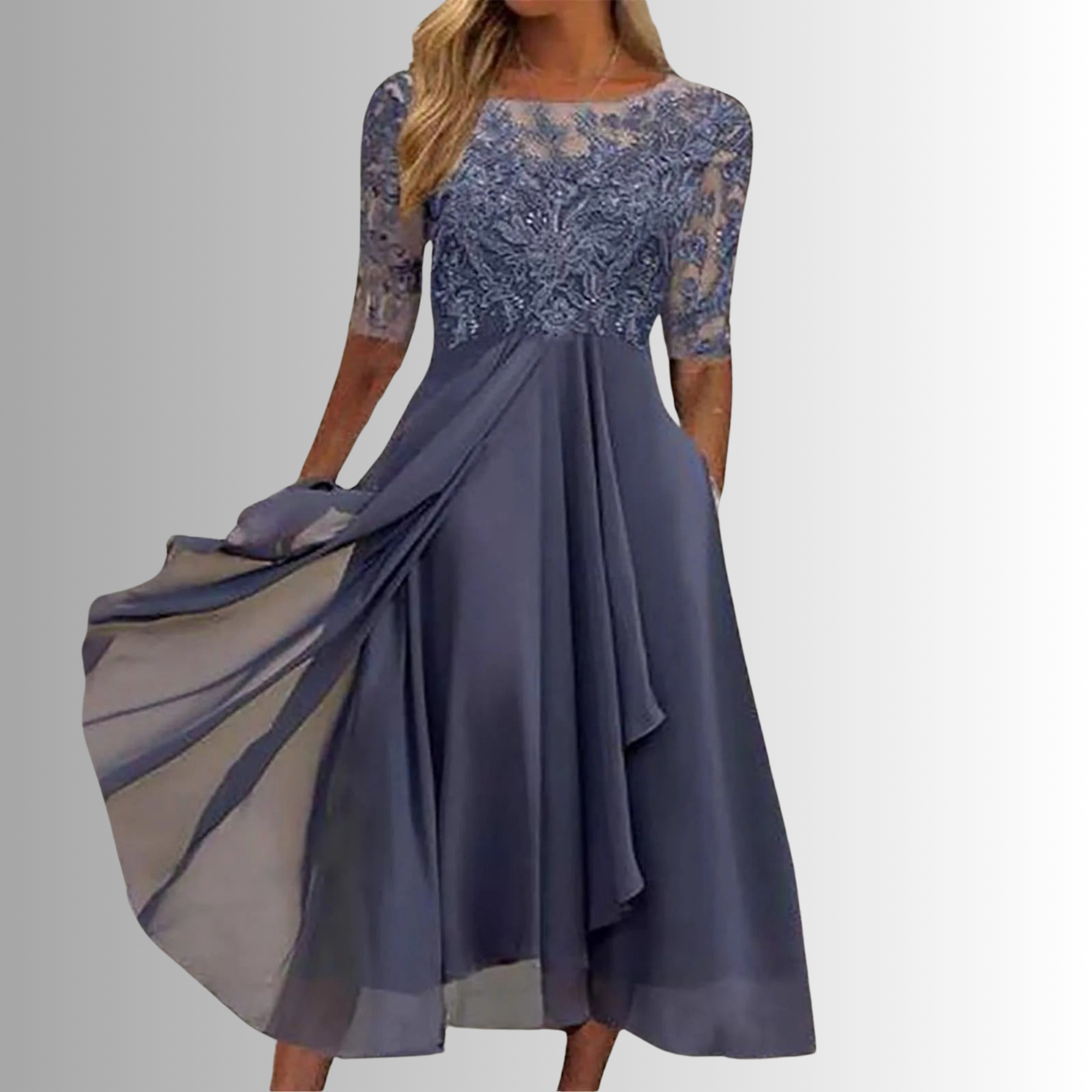 Women's Formal Lace and Mesh Midi Dress with Back Zipper