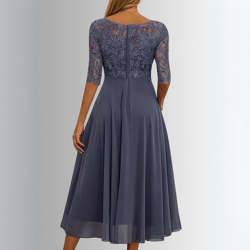 Women's Formal Lace and Mesh Midi Dress with Back Zipper