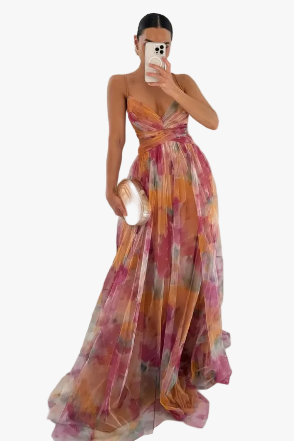 Women's Formal Pleated Chiffon Maxi Dress with Surplice Neckline and Spaghetti Straps