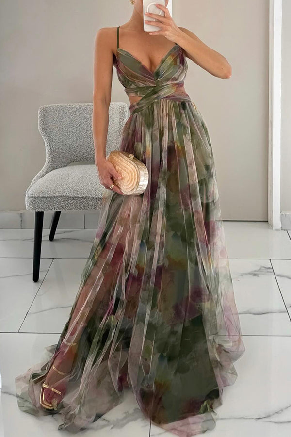 Women's Formal Pleated Chiffon Maxi Dress with Surplice Neckline and Spaghetti Straps