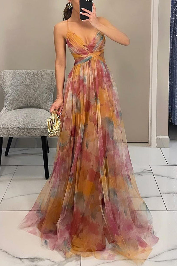 Women's Formal Pleated Chiffon Maxi Dress with Surplice Neckline and Spaghetti Straps