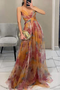 Women's Formal Pleated Chiffon Maxi Dress with Surplice Neckline and Spaghetti Straps