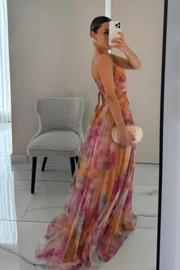 Women's Formal Pleated Chiffon Maxi Dress with Surplice Neckline and Spaghetti Straps