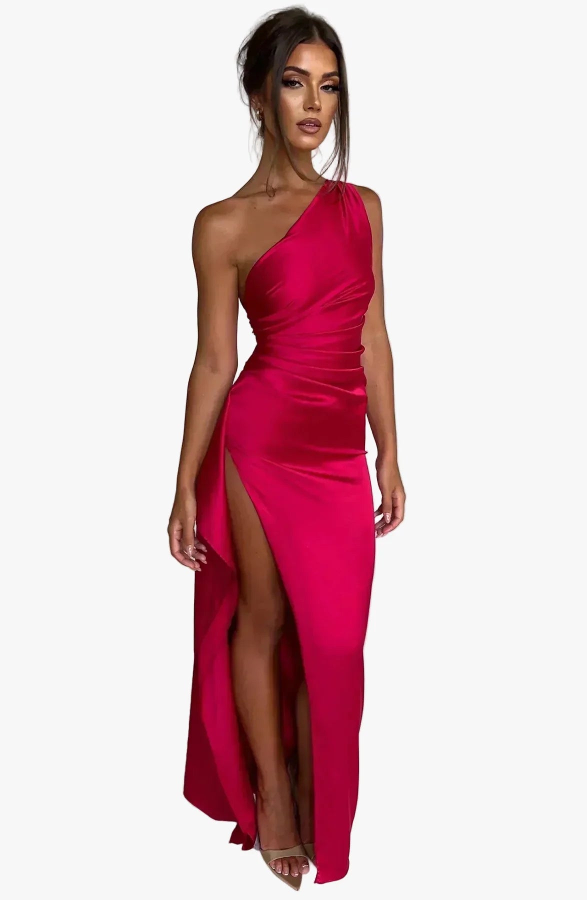 Women's Formal Satin Maxi Dress with One-Shoulder Neckline and Side Slit