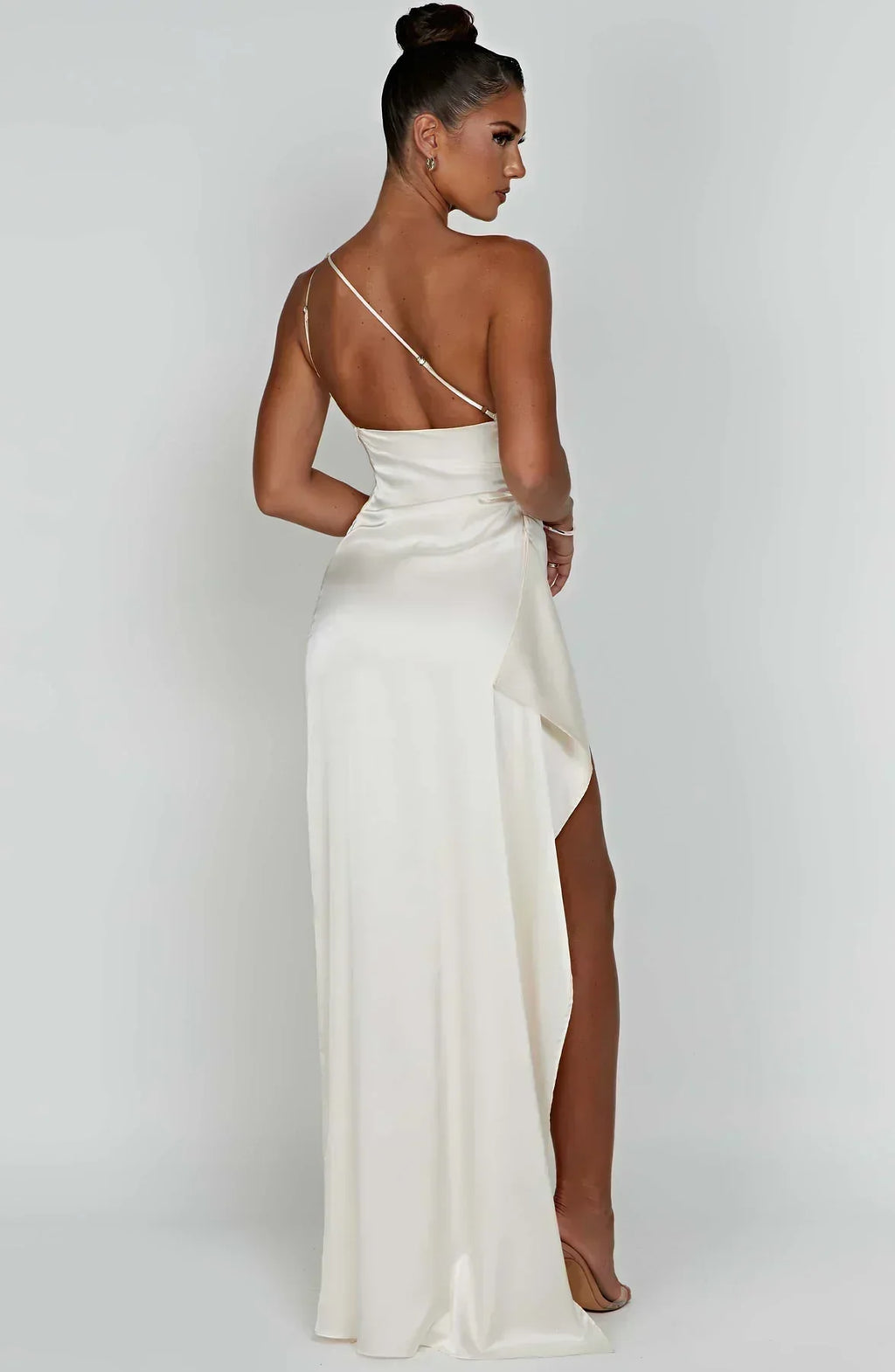 Women's Formal Satin Maxi Dress with One-Shoulder Neckline and Side Slit