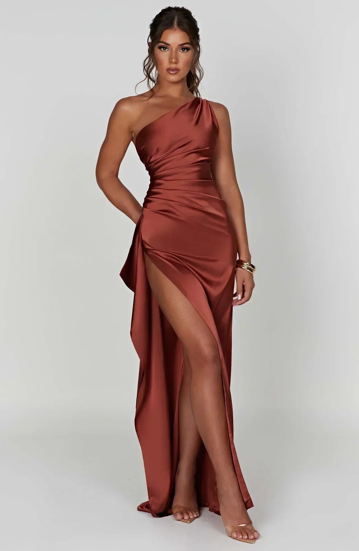 Women's Formal Satin Maxi Dress with One-Shoulder Neckline and Side Slit