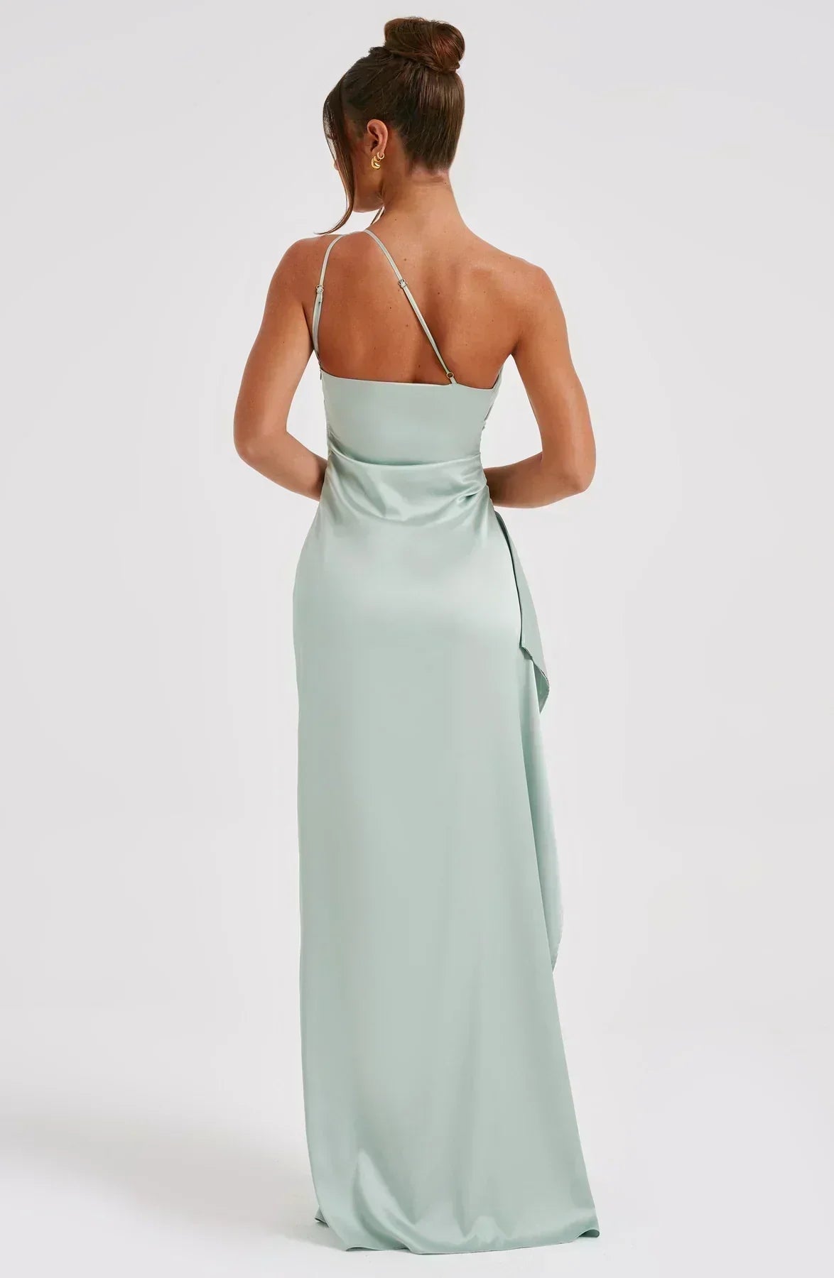 Women's Formal Satin Maxi Dress with One-Shoulder Neckline and Side Slit
