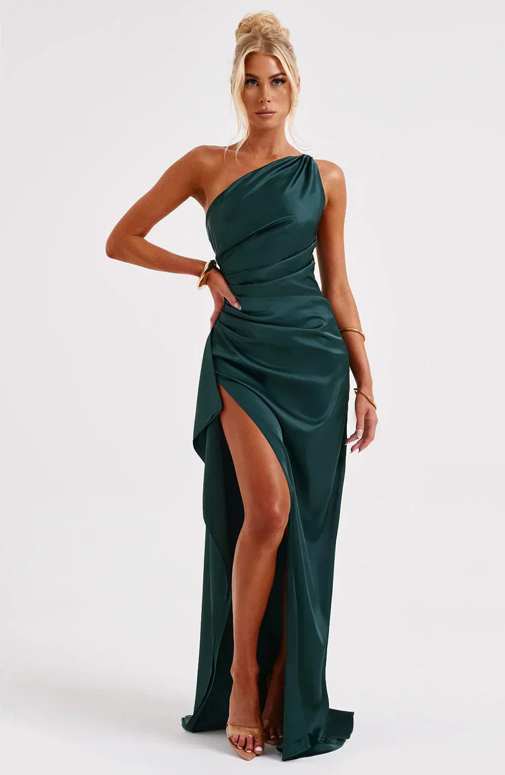 Women's Formal Satin Maxi Dress with One-Shoulder Neckline and Side Slit