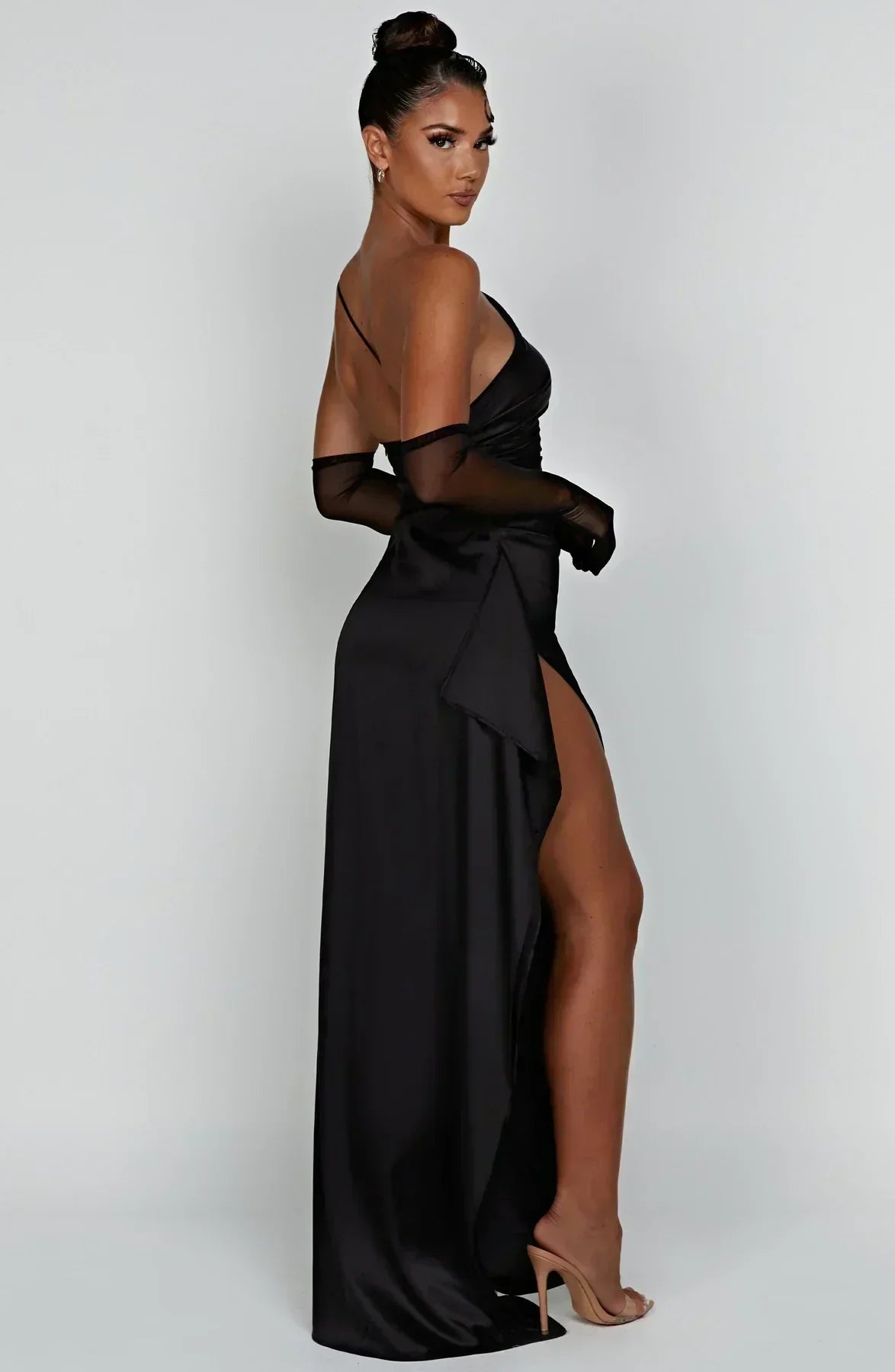 Women's Formal Satin Maxi Dress with One-Shoulder Neckline and Side Slit