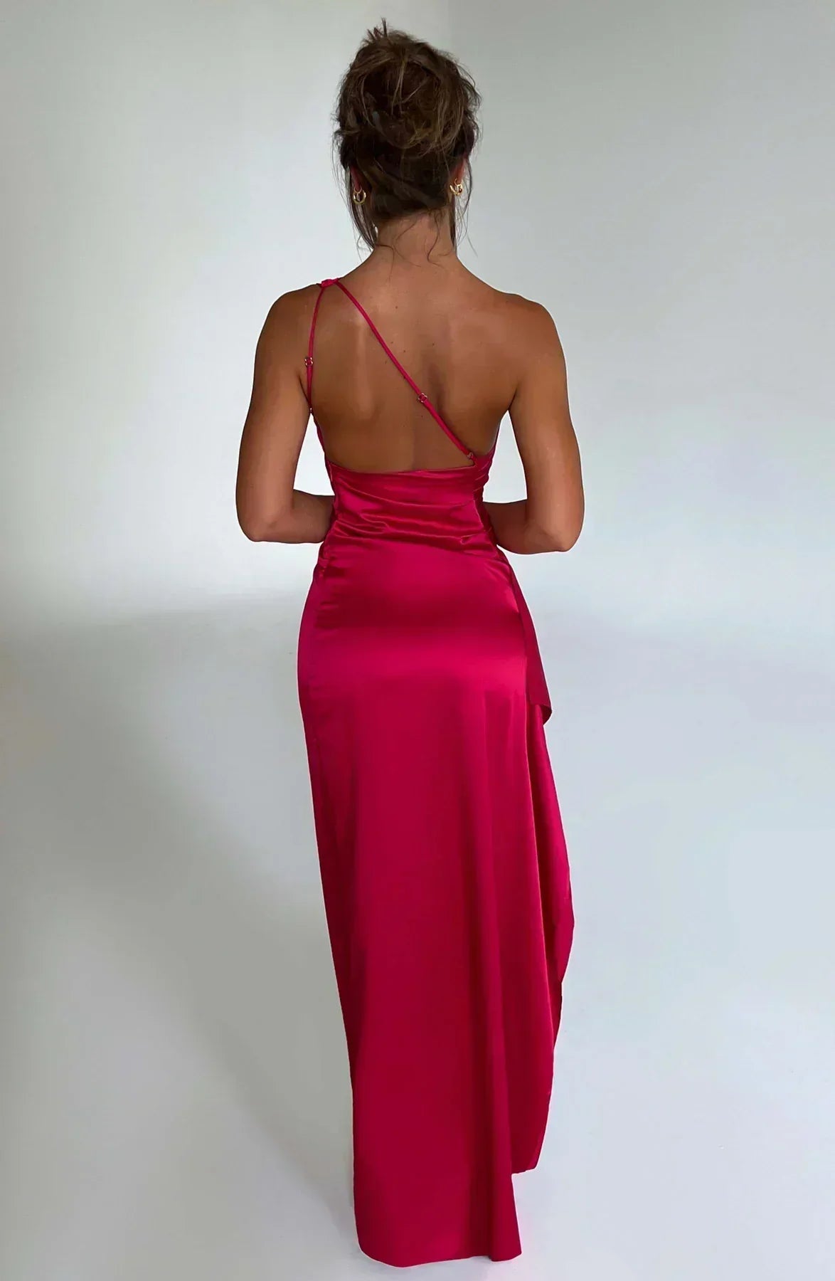 Women's Formal Satin Maxi Dress with One-Shoulder Neckline and Side Slit