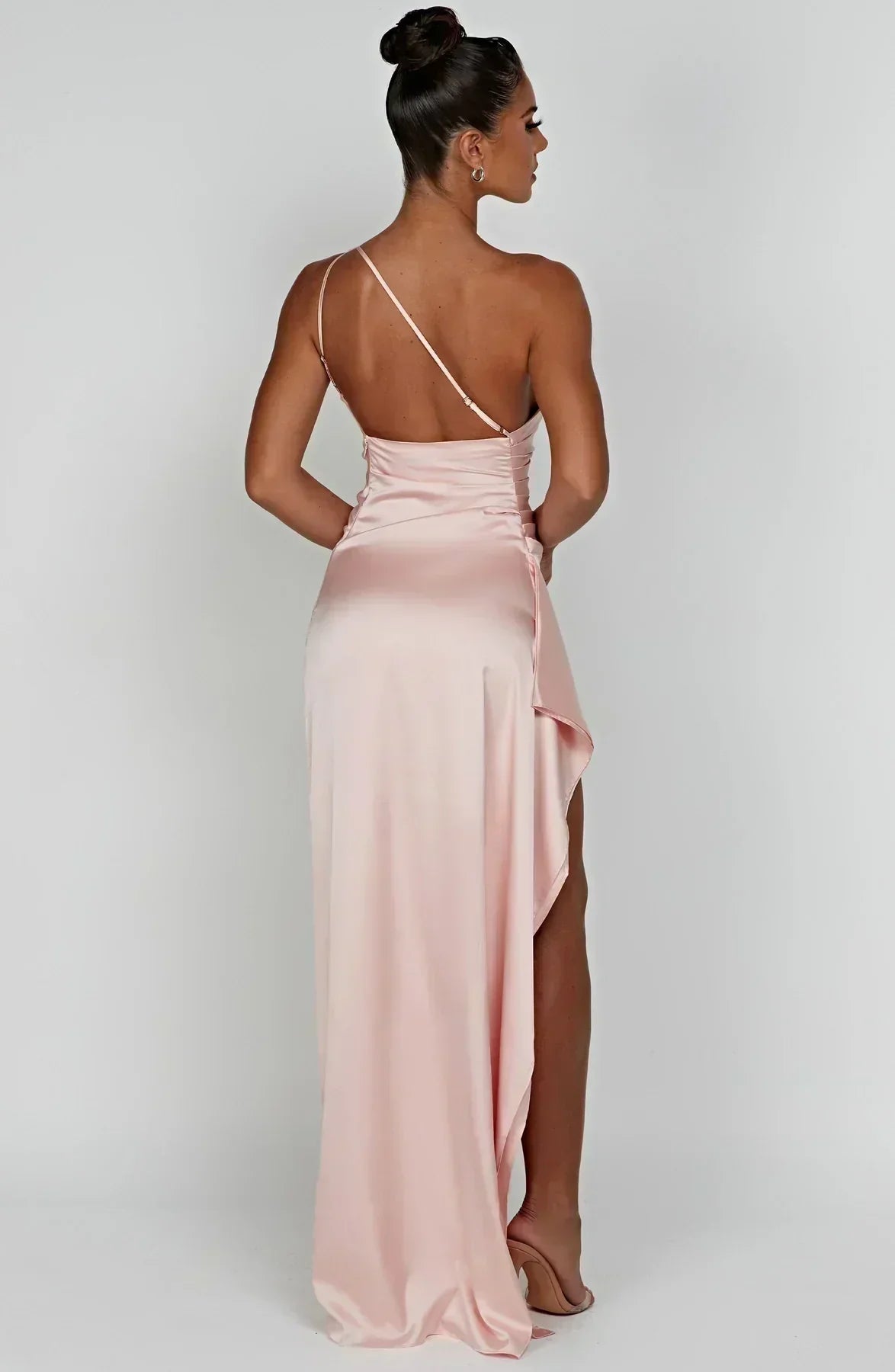 Women's Formal Satin Maxi Dress with One-Shoulder Neckline and Side Slit