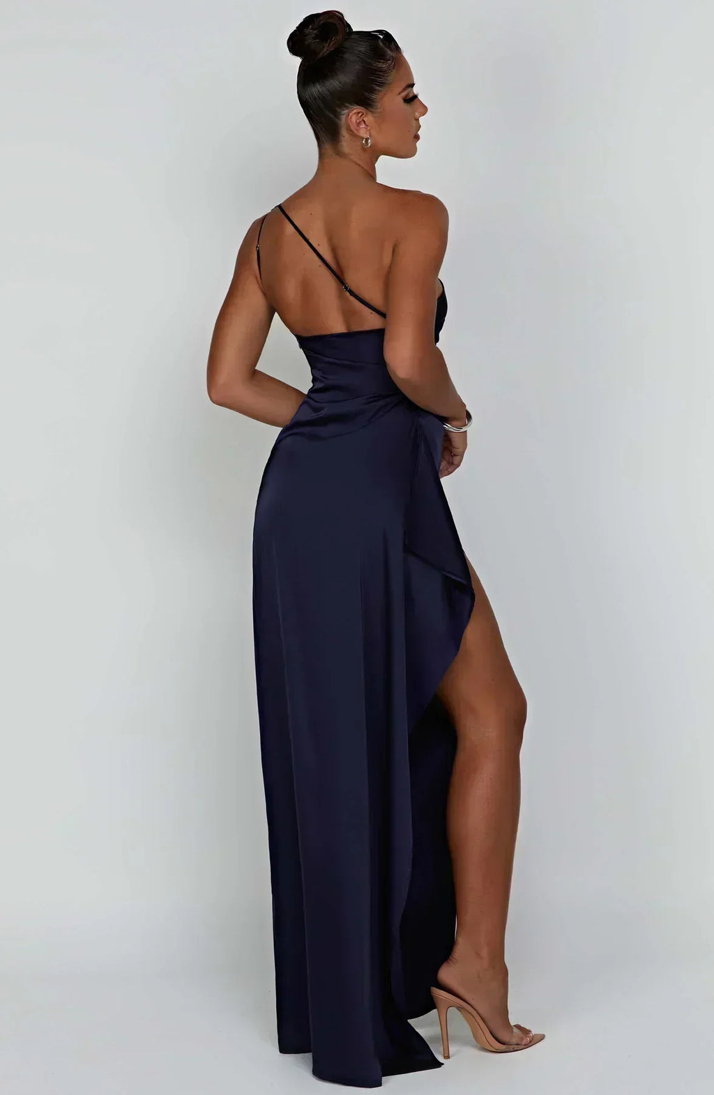 Women's Formal Satin Maxi Dress with One-Shoulder Neckline and Side Slit