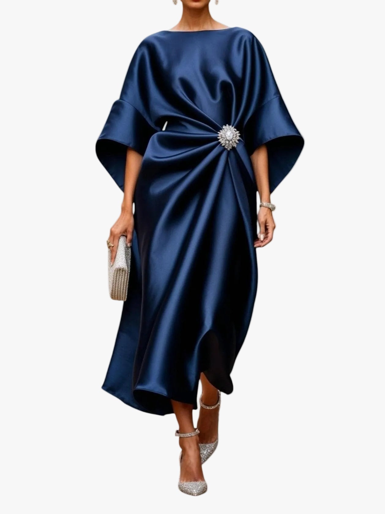Women's Formal Satin Midi Dress with Boat Neck and Brooch