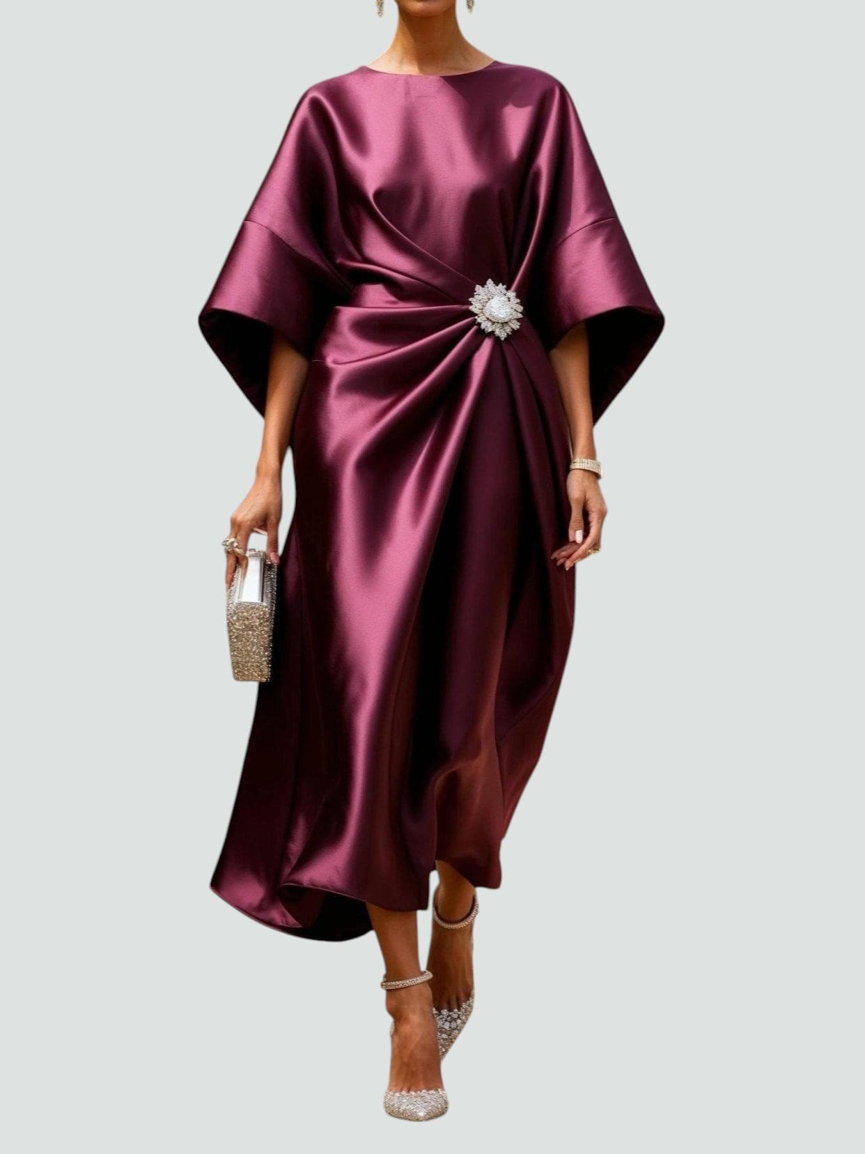 Women's Formal Satin Midi Dress with Boat Neck and Brooch