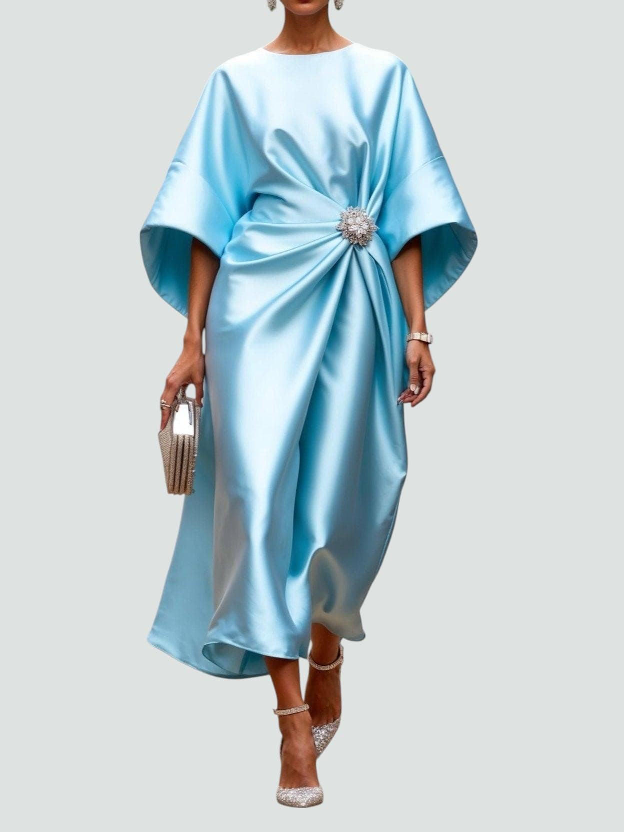 Women's Formal Satin Midi Dress with Boat Neck and Brooch