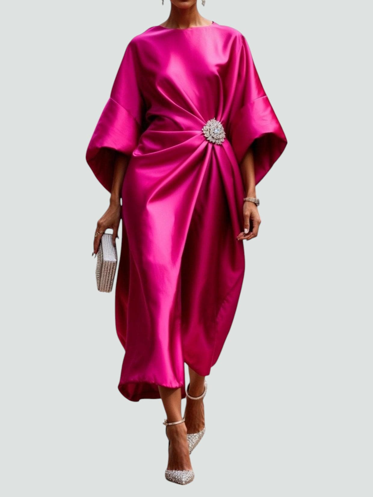 Women's Formal Satin Midi Dress with Boat Neck and Brooch