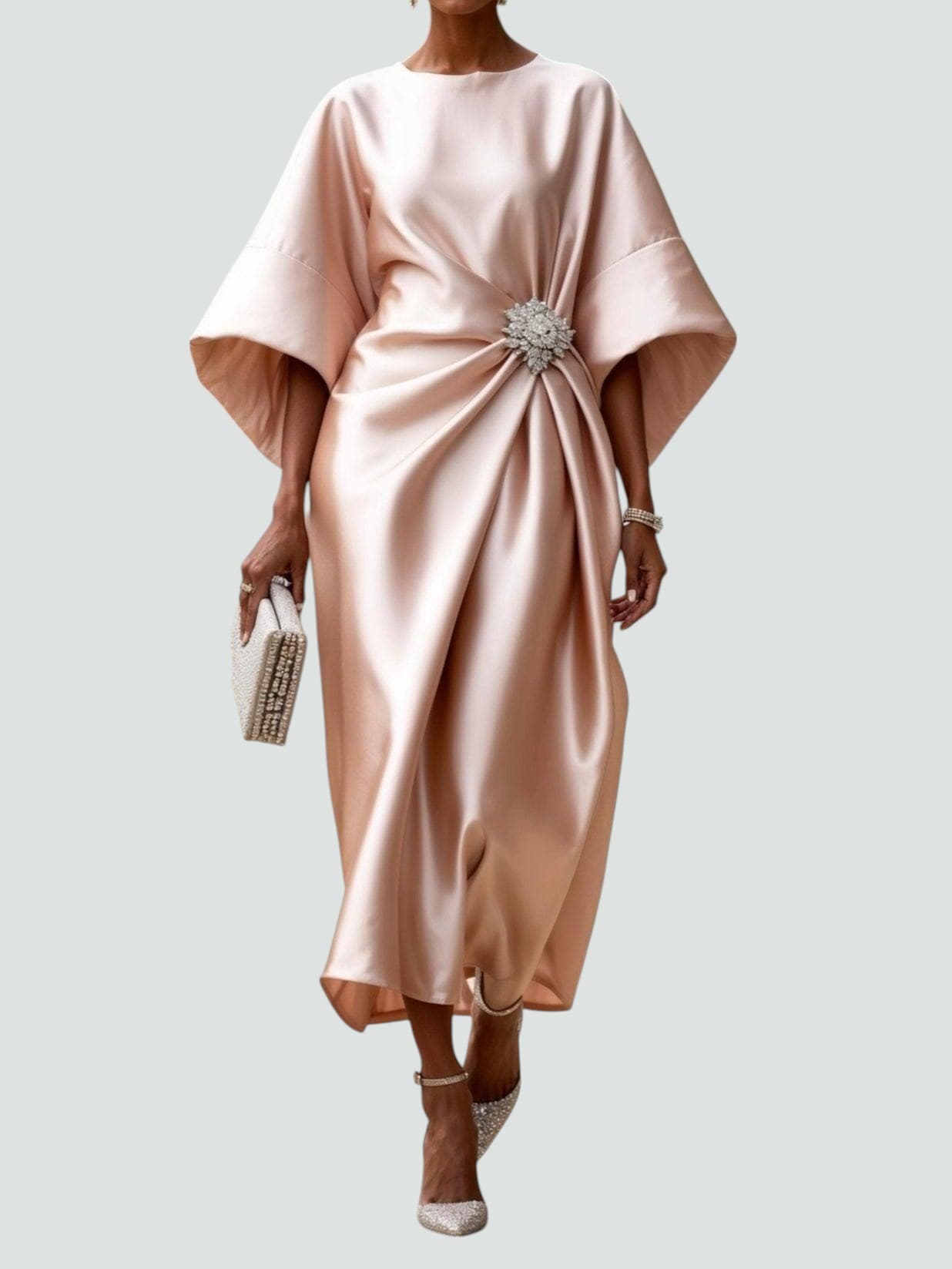 Women's Formal Satin Midi Dress with Boat Neck and Brooch