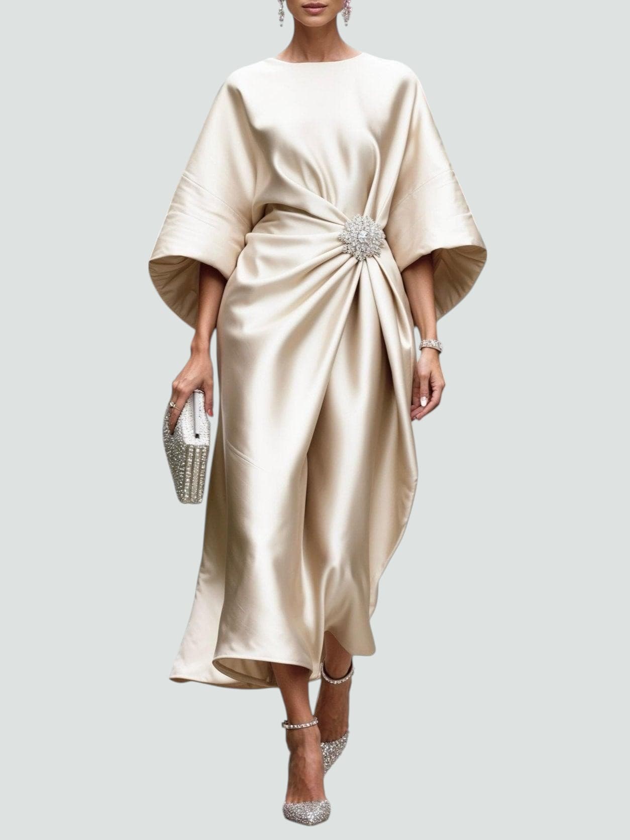 Women's Formal Satin Midi Dress with Boat Neck and Brooch